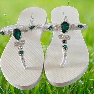 Crystal Flip Flops, Emerald Green Crystals, Beach Sandals, Rhinestone Bling